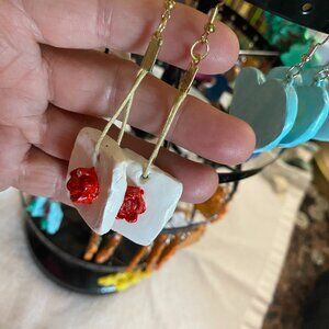 Long handpainted, crafted, rose dangle clay earrings